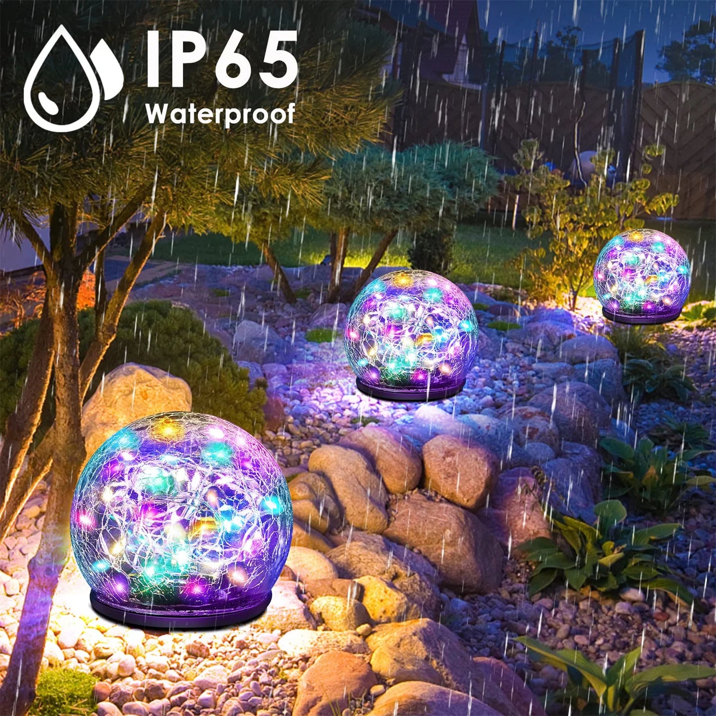 Outdoor Solar Garden Light Round Cracked Glass Lamp Waterproof Landscape Decor Ball Light for Villa Walkway Path Yard Holiday