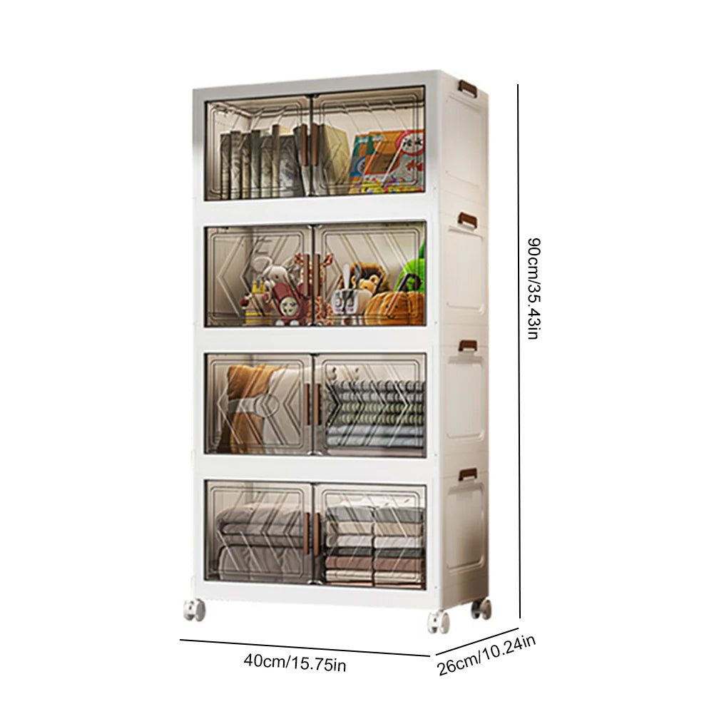 4 Tier Plastic Storage Containers with Doors & Wheels Foldable Organization Folding Storage Boxes for Living Room Bedroom Office
