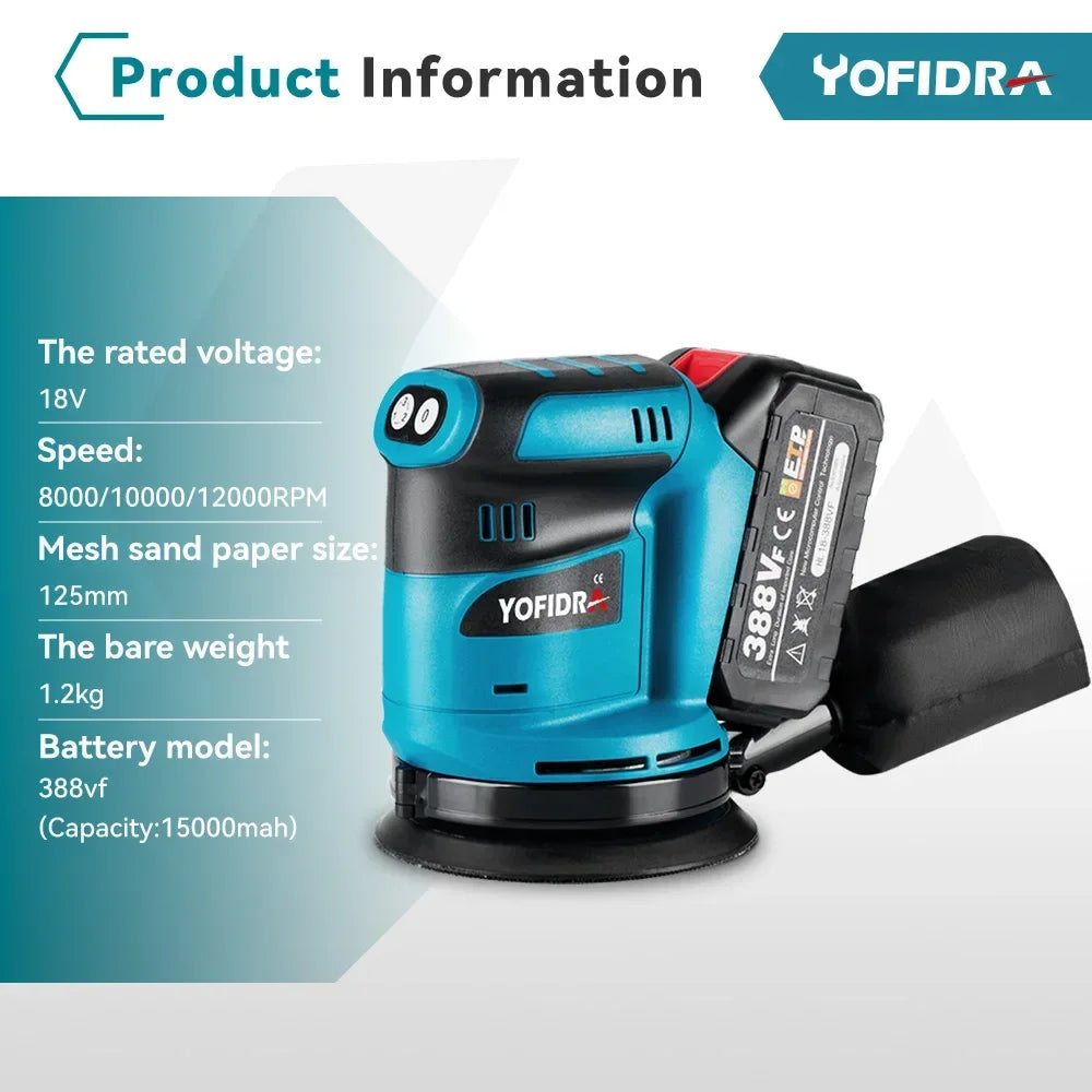 YOFIDRA 125mm Electric Orbital Sander 3 Speeds Adjustable Rechargeable Polishing Grinder Machine For Makita 18V Battery