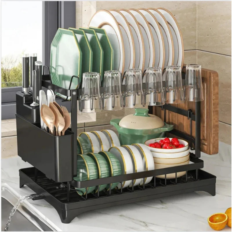Large-Capacity Double-Layer Kitchen Storage Rack with Drainage, Lockable Metal Tableware Stand for Bowls, Kitchen Organizers