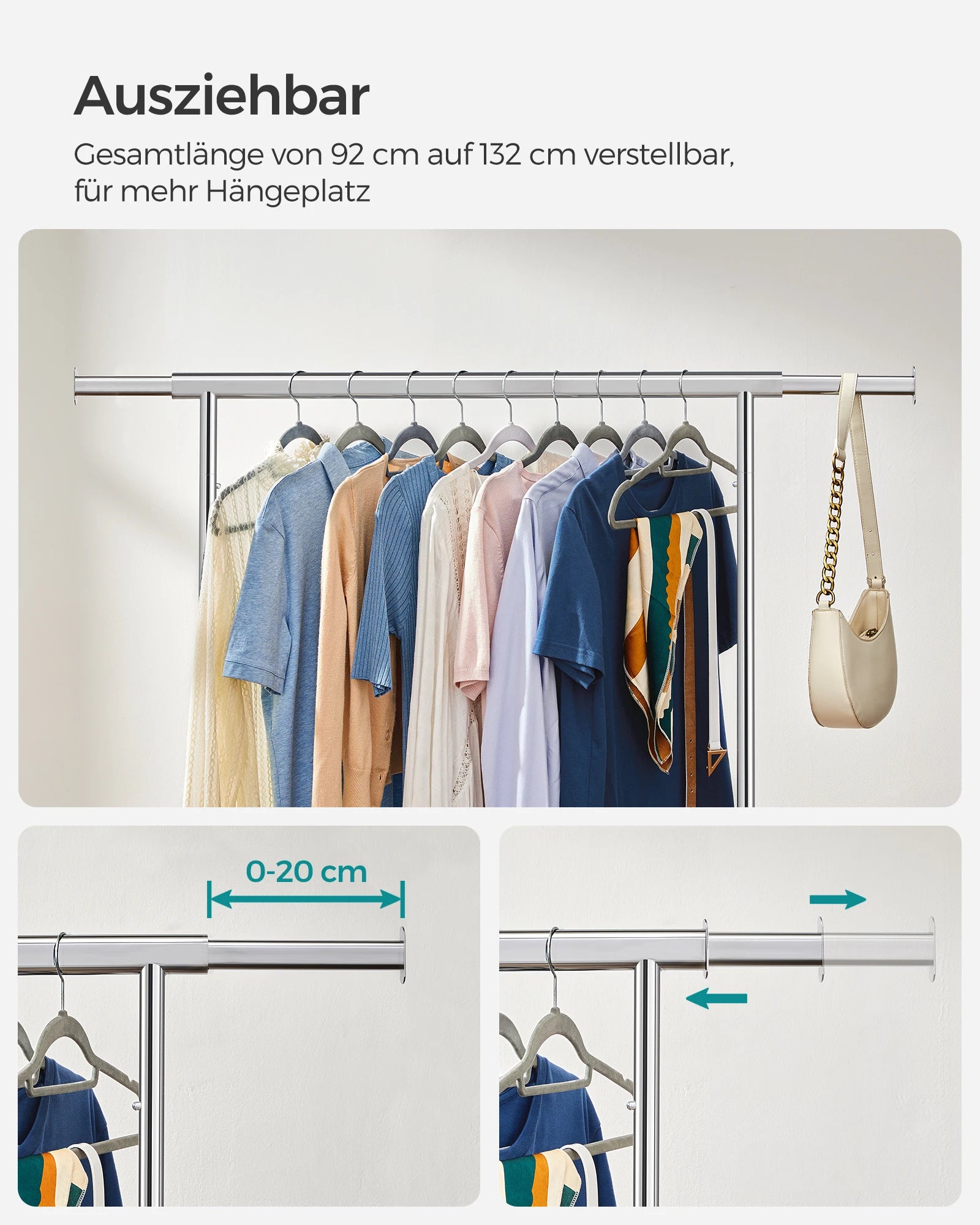SONGMICS dresses stand on wheels, heavy-duty coat rack stand, extendable dresses Rod, up to 100 kg