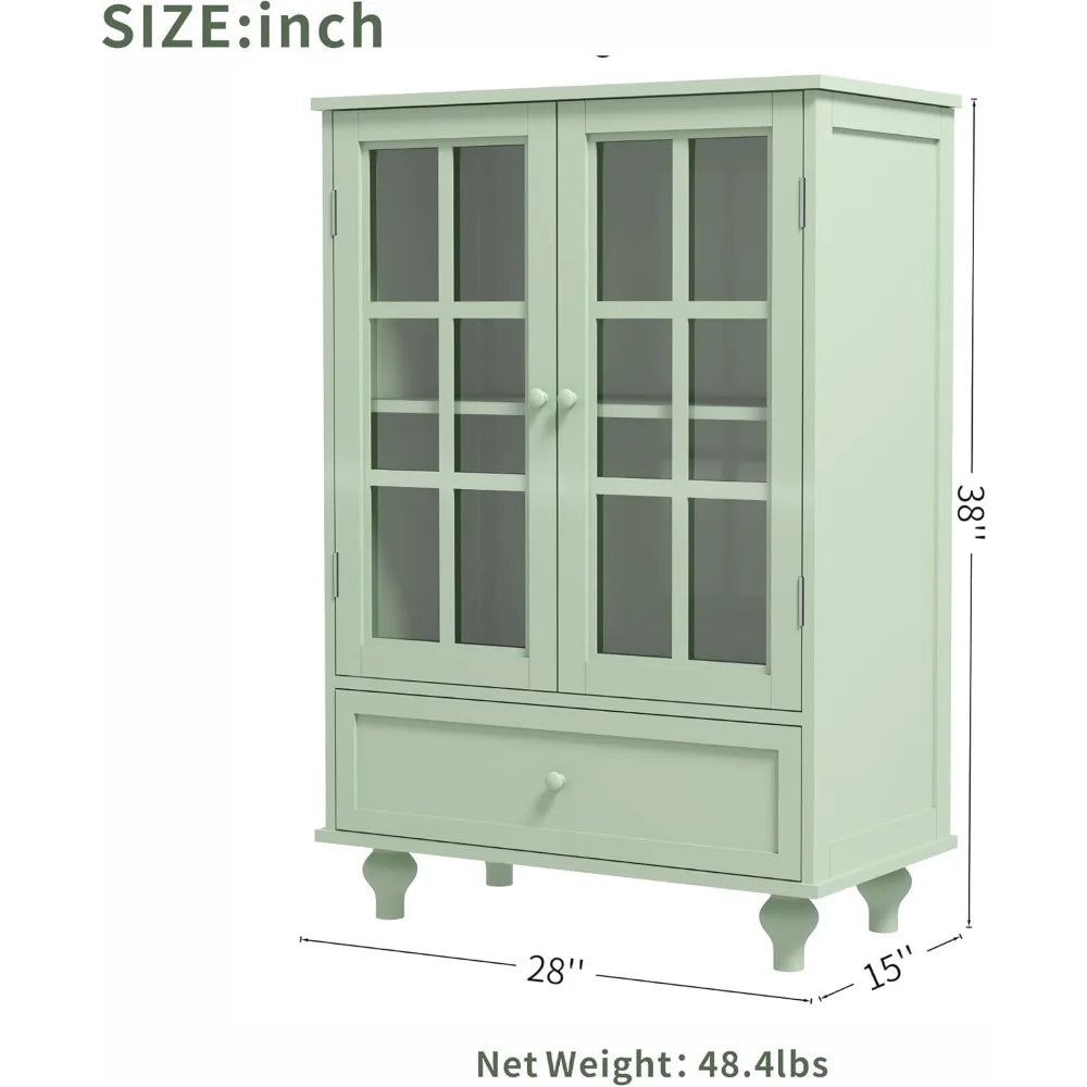 Buffet Cabinet with Glass Doors and Drawer, Modern Wood Storage Sideboard for Dining Room & Living Room, 28 Inch Accent Cabinet