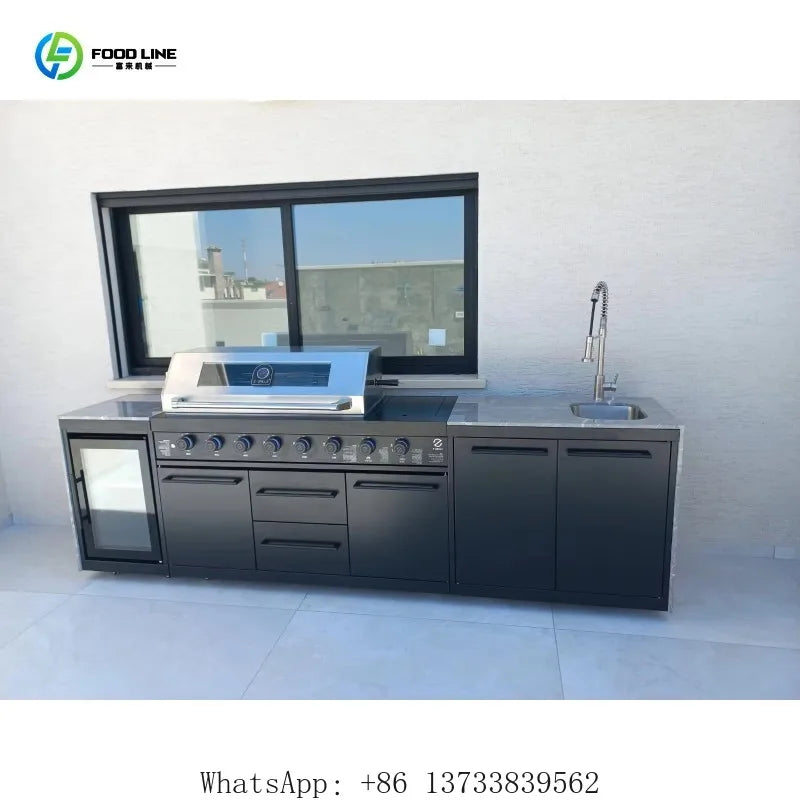 Customized Villa Outdoor Kitchen Factory Direct Stainless Steel 6 Burner Gas Grill Party BBQ Powder Coated Sink Refrigerator