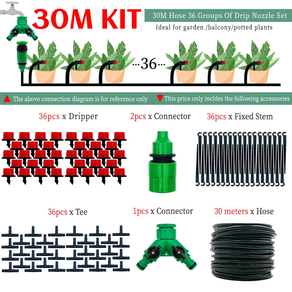 Greenhouse 10M-30M DIY Drip Irrigation System Automatic Watering Garden Hose Micro Drip Watering Kits with Adjustable Drippers