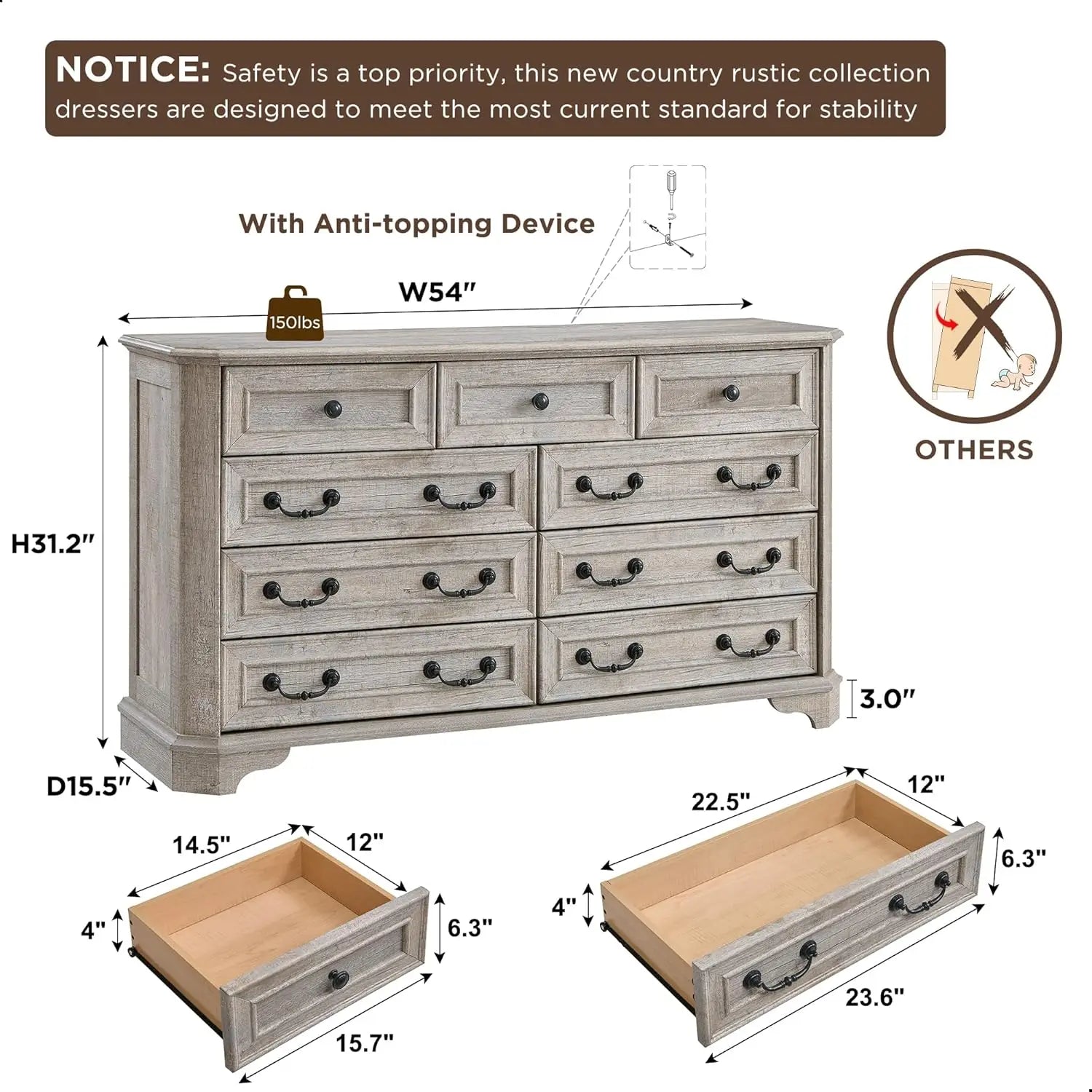 Farmhouse 9 Drawers Dresser for Bedroom, 54" Wide Wood Rustic Chest of Drawers with Natural Texture, Vintage Design, Storage