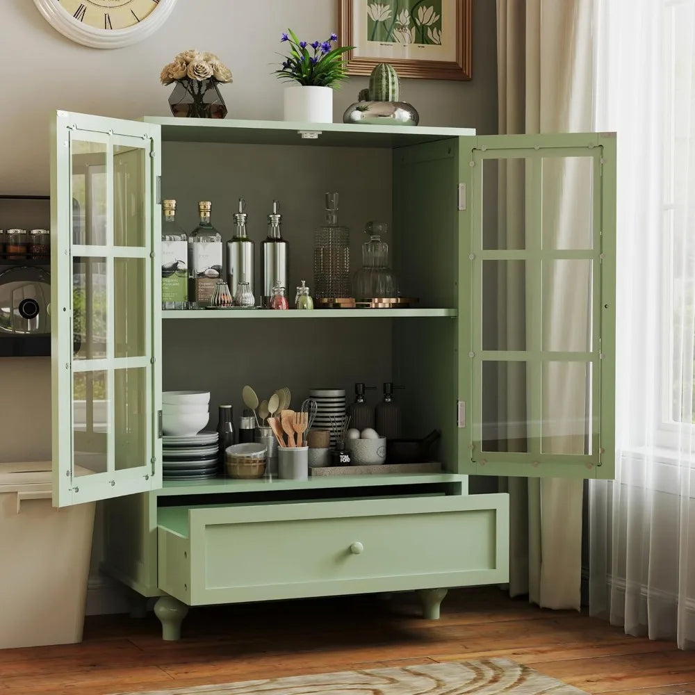 Buffet Cabinet with Glass Doors and Drawer, Modern Wood Storage Sideboard for Dining Room & Living Room, 28 Inch Accent Cabinet