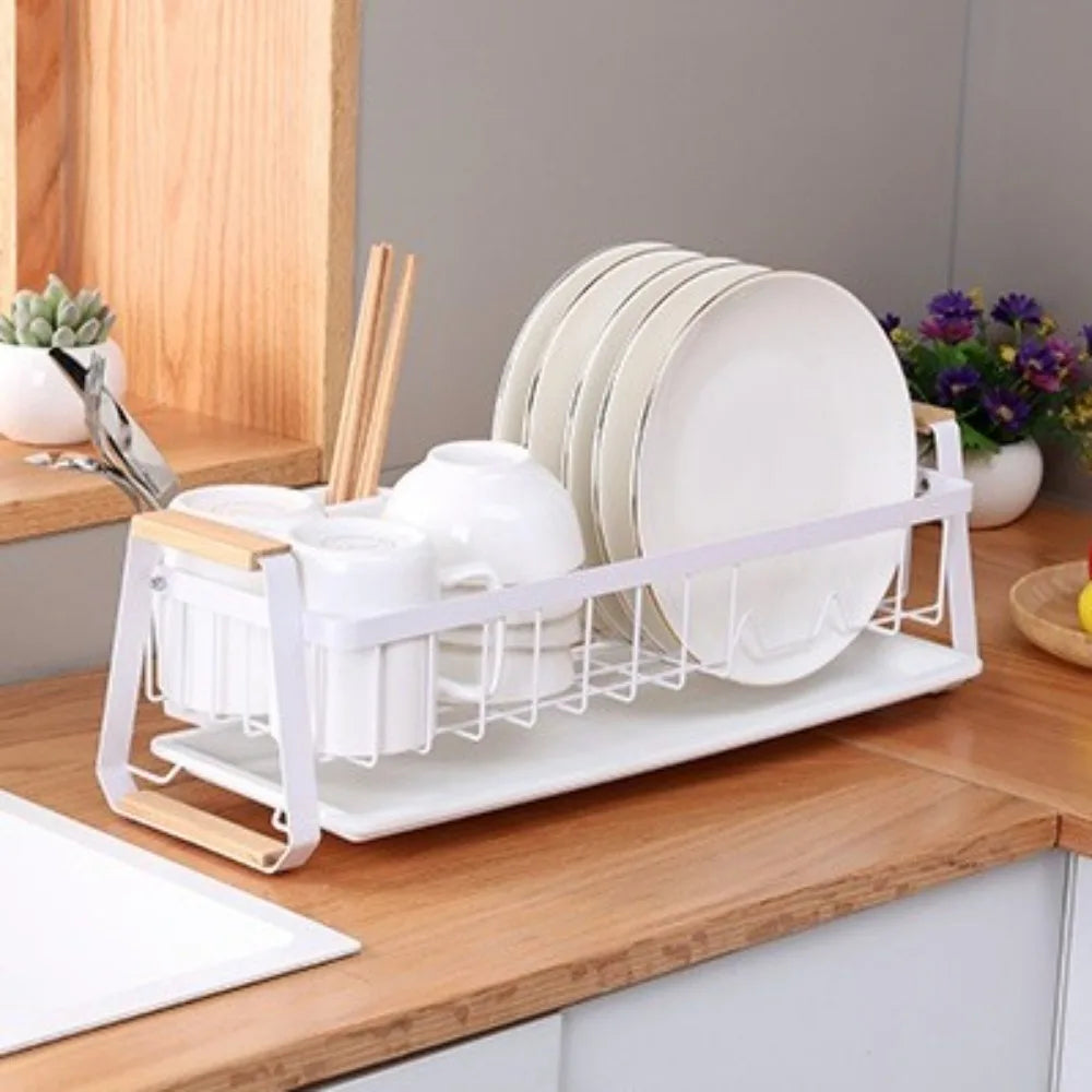 Detachable Kitchen Dish Rack Large Capacity Metal Frame Dish Drying Drain Rack Dish Drainer Wooden Handle Tableware Storage Rack