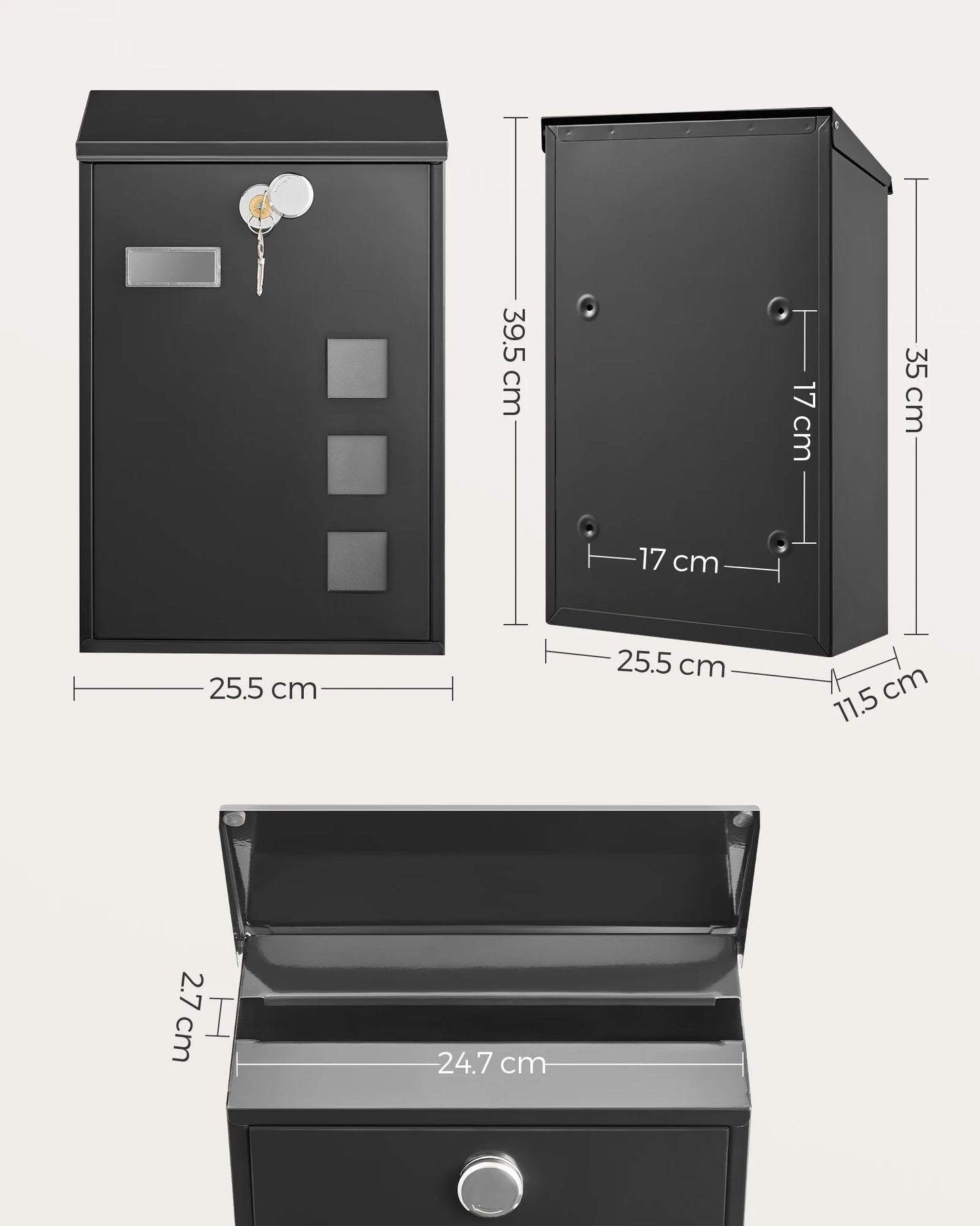SONGMICS - Modern Wall Mounted Post Box with Viewing Windows, Nameplate, Lock with Copper Core, Easy to Install