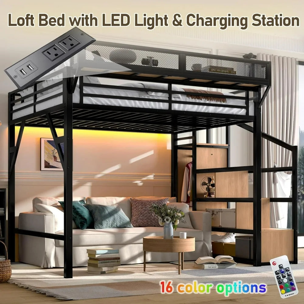 Queen Size Metal Loft Bed Frame with Storage Stairs, Side Shelf, Wardrobe, USB Ports, and LED Lighting