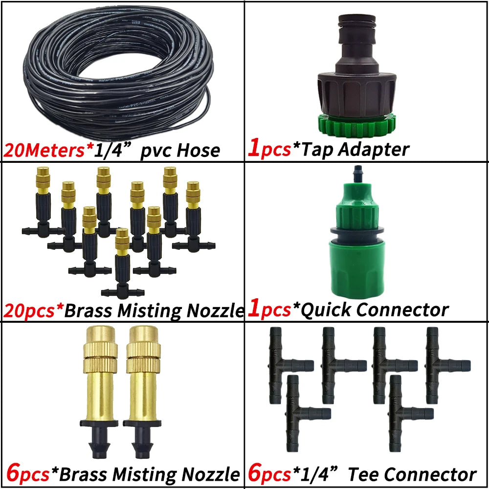 5M-30M Outdoor Misting Cooling System Garden Irrigation Watering 1/4'' Brass Atomizer Nozzles 4/7mm Hose for Patio Greenhouse
