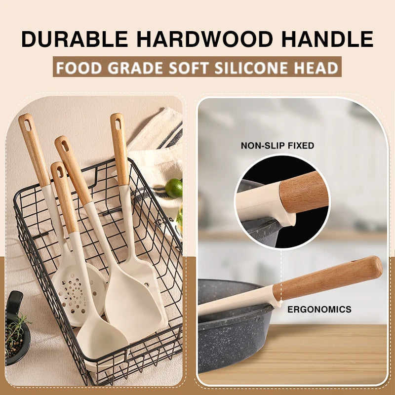New Silicone Kitchen Cooking Utensils Set Durable Hardwood Handle Heat Resistant Tool Non-stick Turner Slotted Spoon Spatula Kit