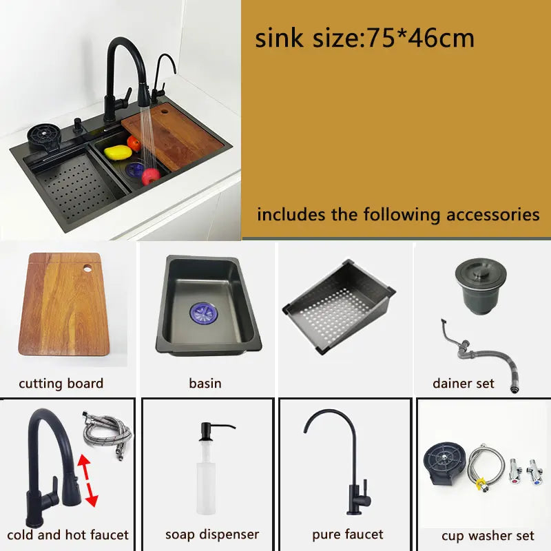 kitchen sink waterfall faucet honeycomb anti-scratch nano technology left drain Stainless Steel sinks 4 function kitchen faucet