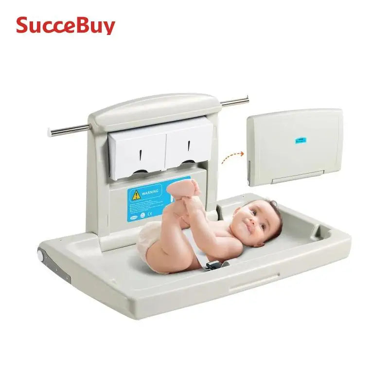 SucceBuy Wall-Mounted Baby Changing Station Horizontal Foldable Diaper Change Table Safety Straps and Hanging Rods for Newborns