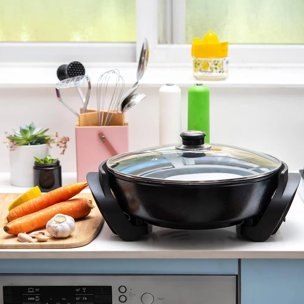 Round Nonstick Electric Skillet With Lid, Aluminum 12 Inch Electric Frying Pan, 2 Layers Of Non-Stick Coating