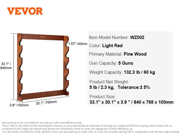 VEVOE Gun Rack Wood Gun Rack Wall Mount Gun Display Rack holds 4/5 Rifles Shotguns 132 lbs Heavy Duty Rifle Rack w/ Soft Padding