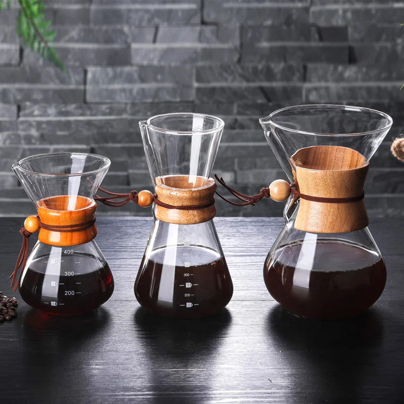 400ml 500ml 600ml 800ml 1000ml Glass Coffee Drip Wooden Collar Coffee Pot Borosilicate Chemex Glass Pour Over for Coffee Making