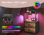 Nightstand Set of 2 with Charger Station \u2014 USB Ports & Outlet, Bed Side Table with LED Lights, End Table with Fabric Drawer