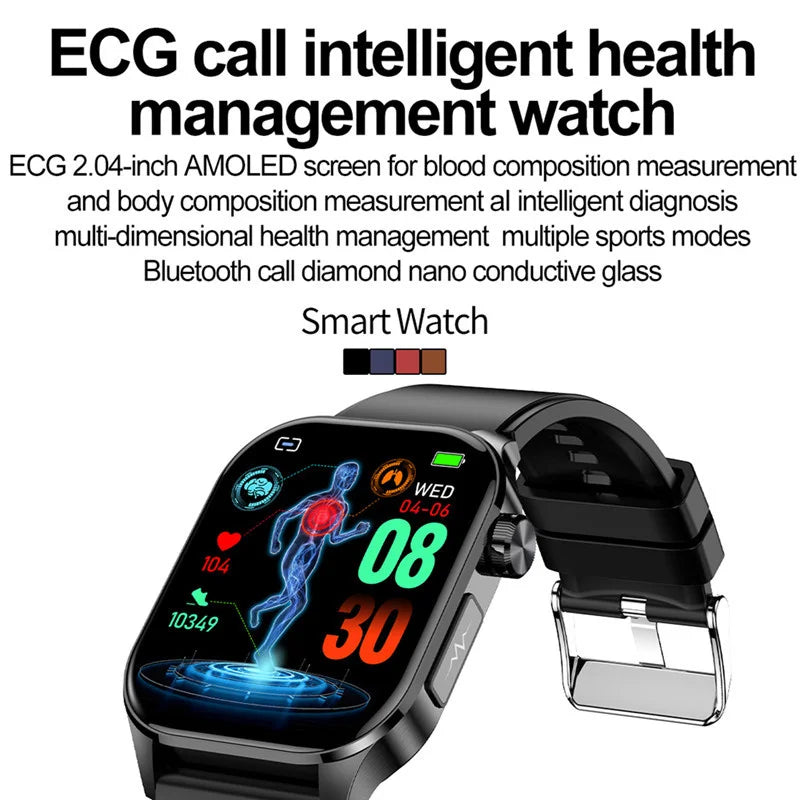 ET580 Smart Watch Men 2.04inch AMOLED Large Screen Bluetooth Call ECG Blood Pressure Oxygen Health Monitor SOS Smartwatch