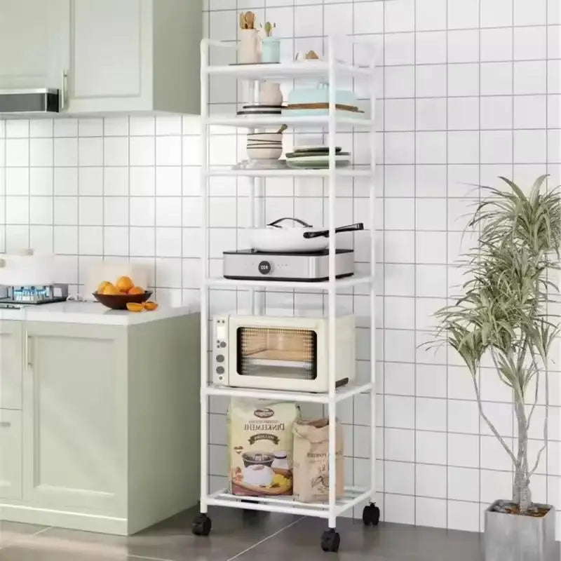 Floor-Standing Multi Layer Storage Rack Shelf with Pulley Trolley Bathroom Kitchen Microwave Storage Rack Kitchen Accessories