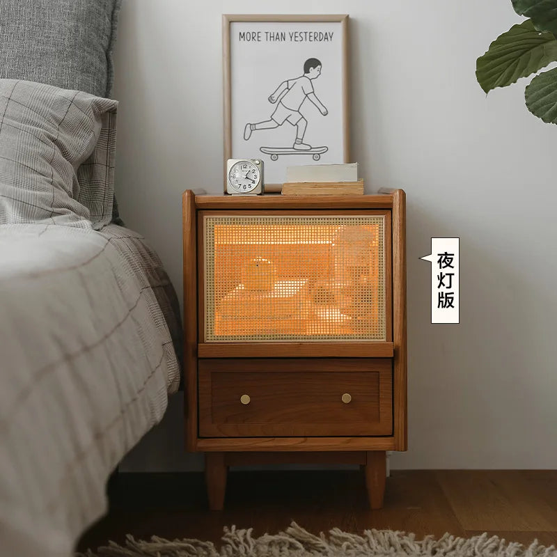Rattan Weaving Bedroom Furniture, Bedside Table, Multifunctional Small Side Storage Cabinet, Solid Wood Night Stand Customized
