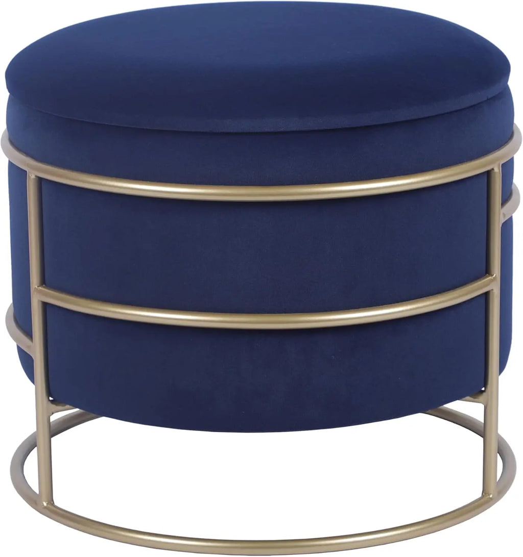 Elegant Velvet Round Ottoman With Gold Frame And Storage (Blue)