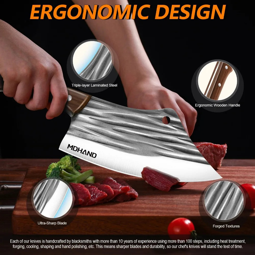 High-carbon Stainless Steel Kitchen Knife Handmade Forged Chef  Knife Bone Chopper Traditional Butcher Cleaver Slicing Knife
