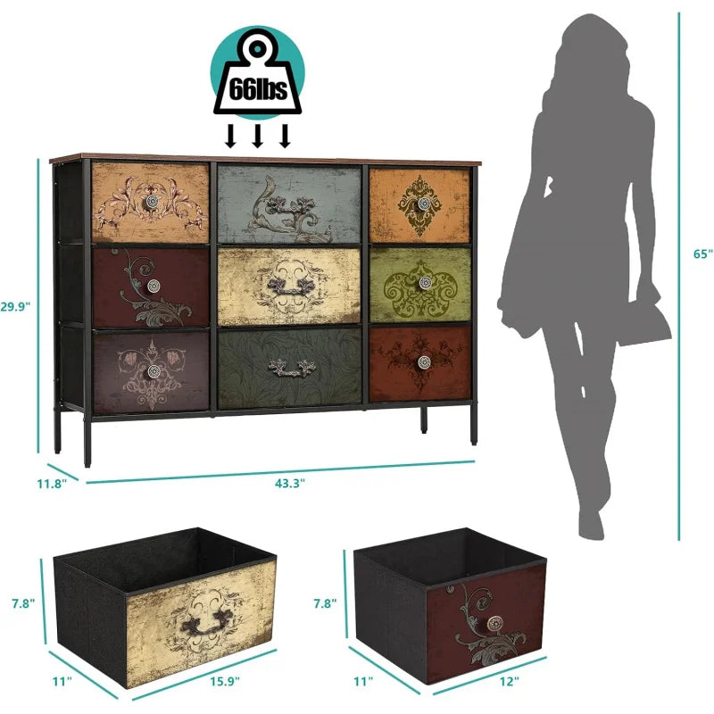 Dresser for Bedroom with 9 Deep Fabric Drawers, Wide TV Stand Storage Cabinet, Colorful Chest of Drawers for Closet, Nursery, En