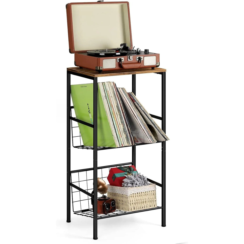 3-Tier Metal Record Player Stand - Holds 90 Vinyl Albums, Turntable Shelf for Living Room/Bedroom/Office, Brown
