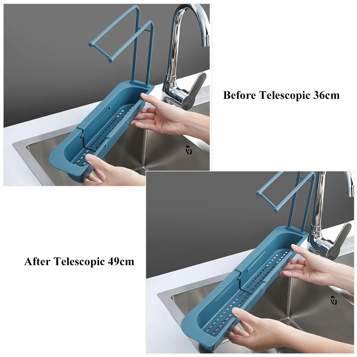 Adjustable Bathroom and Kitchen Tool: Sink Rack, Organizer, Drainer, Storage Basket, Faucet Holder, Telescopic
