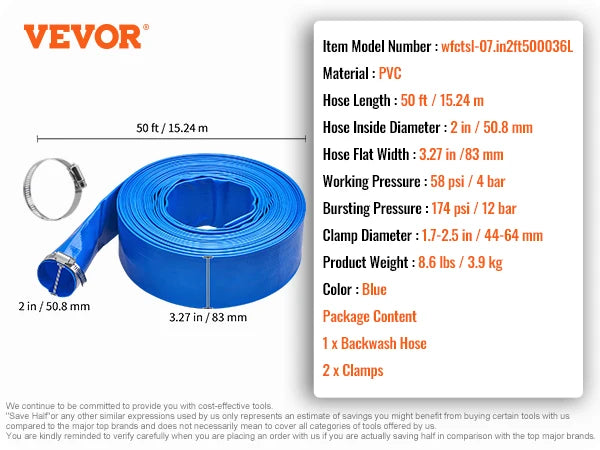 VEVOR Pool Drain Hose 2 inch by 50ft Durable PVC Material Includes Clamps, Fits Pumps&Sand Filters, Ideal for Pool Water Removal