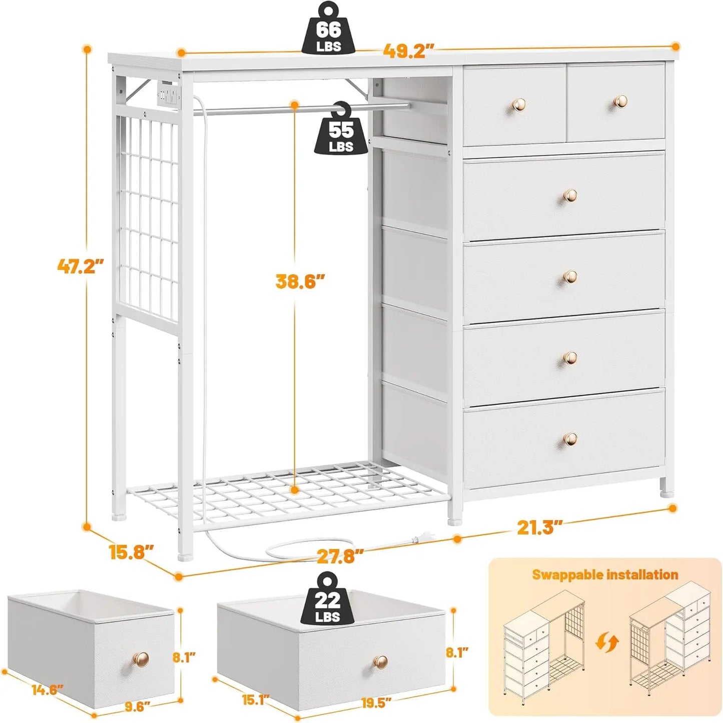 49.2" W White Dresser for Bedroom with Hanging Rack, 6 Drawers Dresser with LED Lights & Charging Station, Fabric Dressers