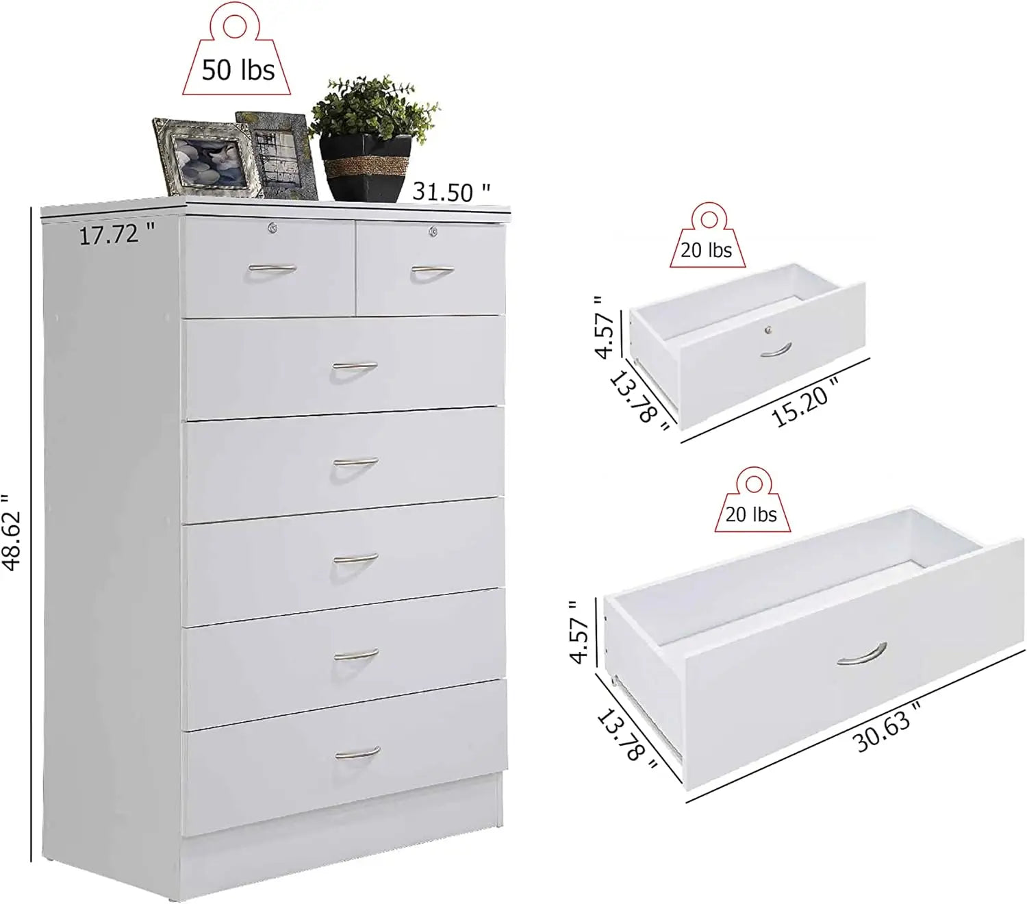 7 Drawer Wood Dresser for Bedroom,31.5inch Wide Chest of Drawers,with 2 Locks on the Top Drawers,Storage Organization Unit,White