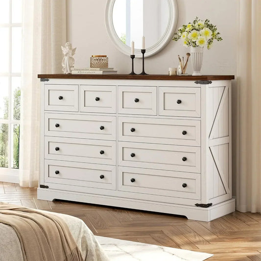 White 10-Drawer Dresser, 55'' Wide Bedroom Chest, Antique Storage Cabinet