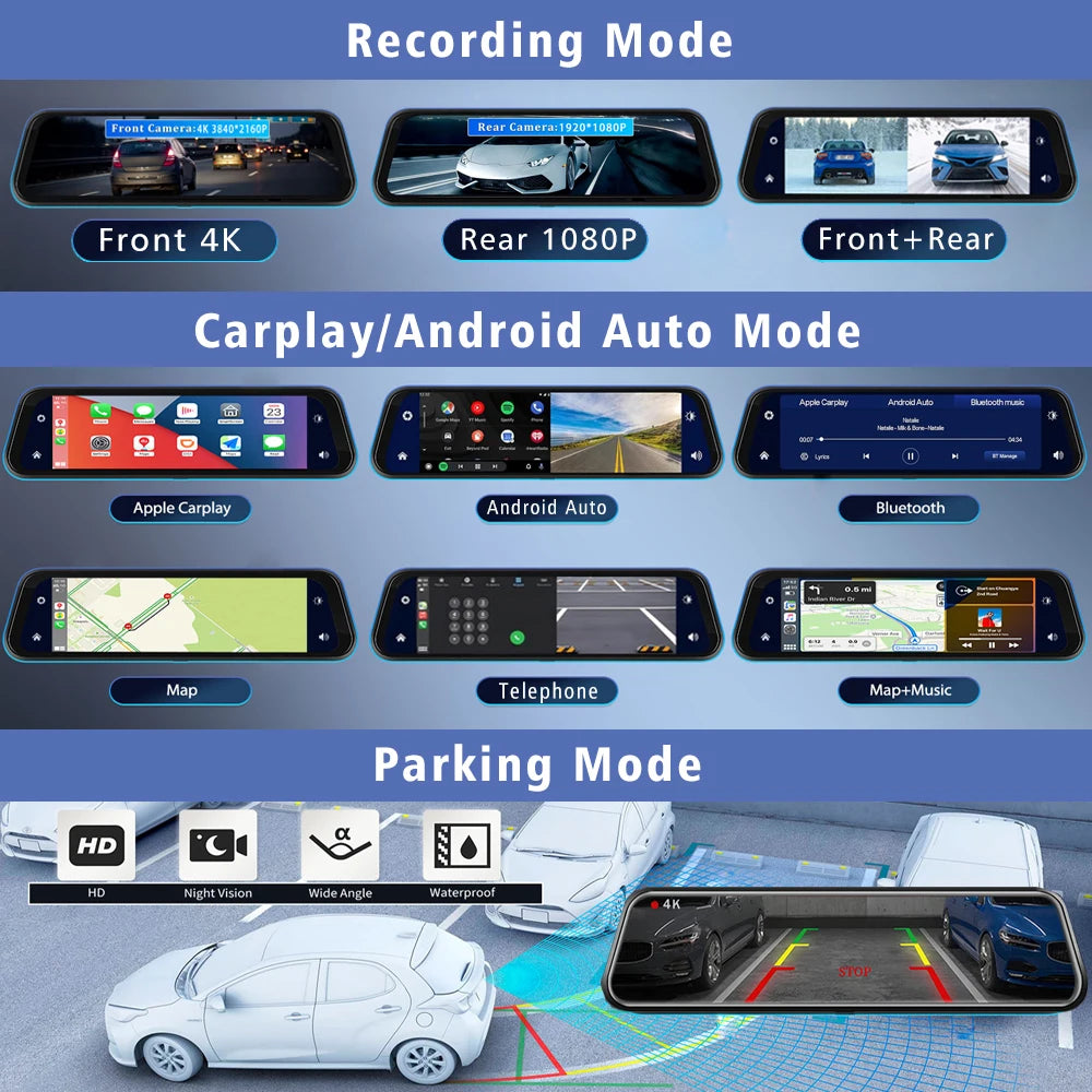 10"  Dash Cam 4K 3840*2160P Car Dvr Carplay Android Auto GPS 5G WIFI A