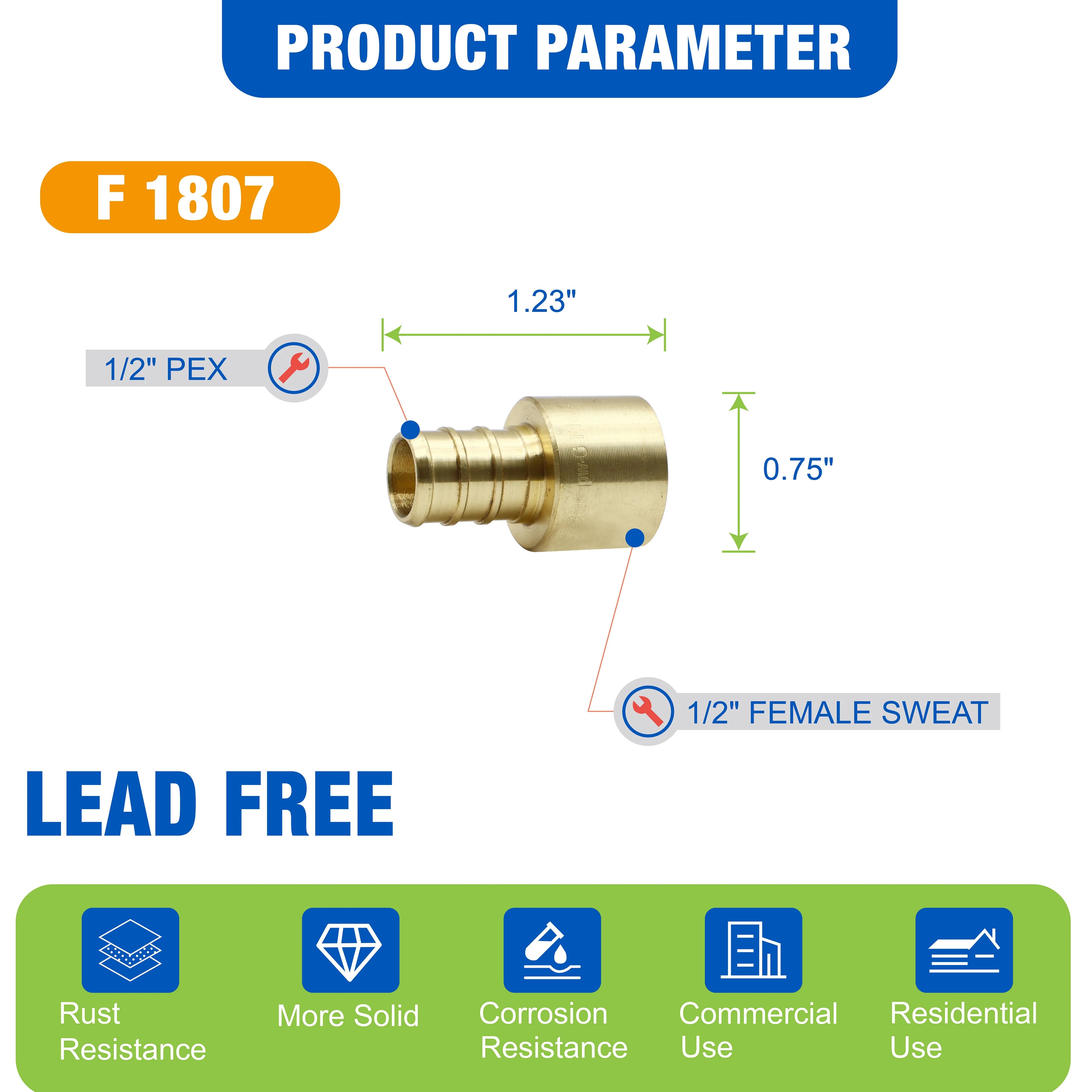 KING SMART Crimp/F1807 PEX 1/2" * 1/2" Female Sweat Adapter; Lead Free Brass; 15Pcs/Case; 80212