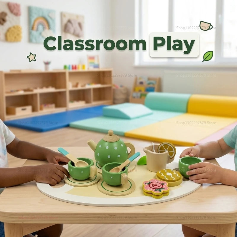 Kids Wooden Afternoon Tea Set Toys Kitchen Accessories for Tea Party Play Educational Pretend Food Gift for Girls Boys Toddlers