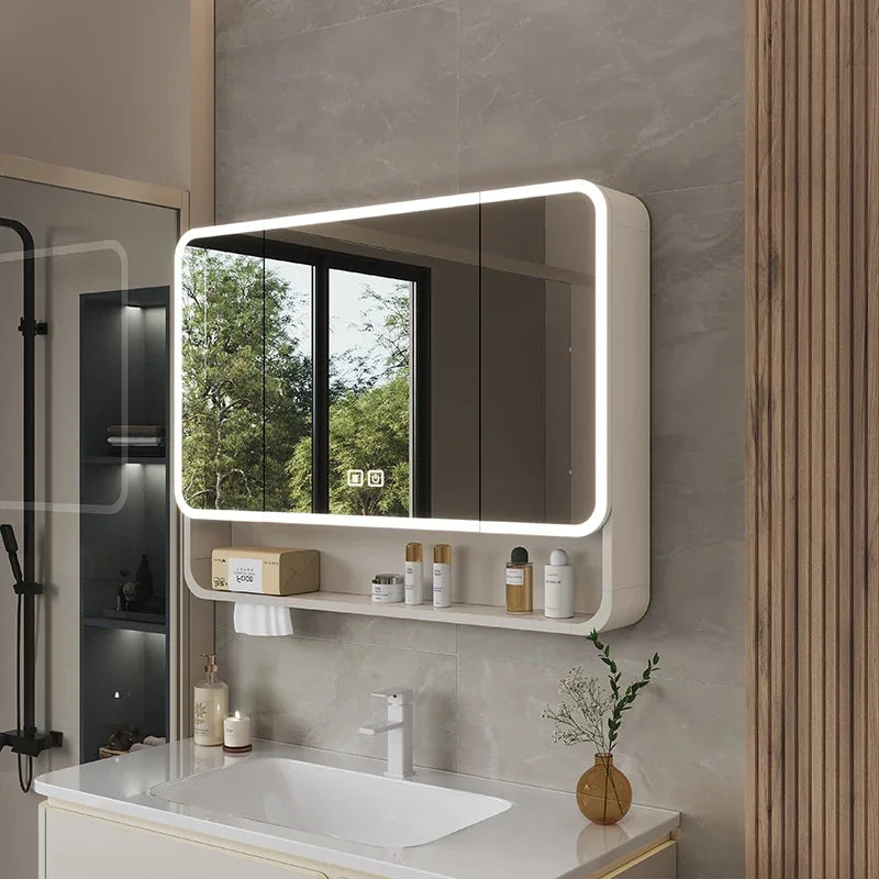 Aluminum Alloy Arc Smart Bathroom Mirror Cabinet Wall Mounted Storage Locker LED Light Bathroom Furniture Muebles Para Baño FYBC