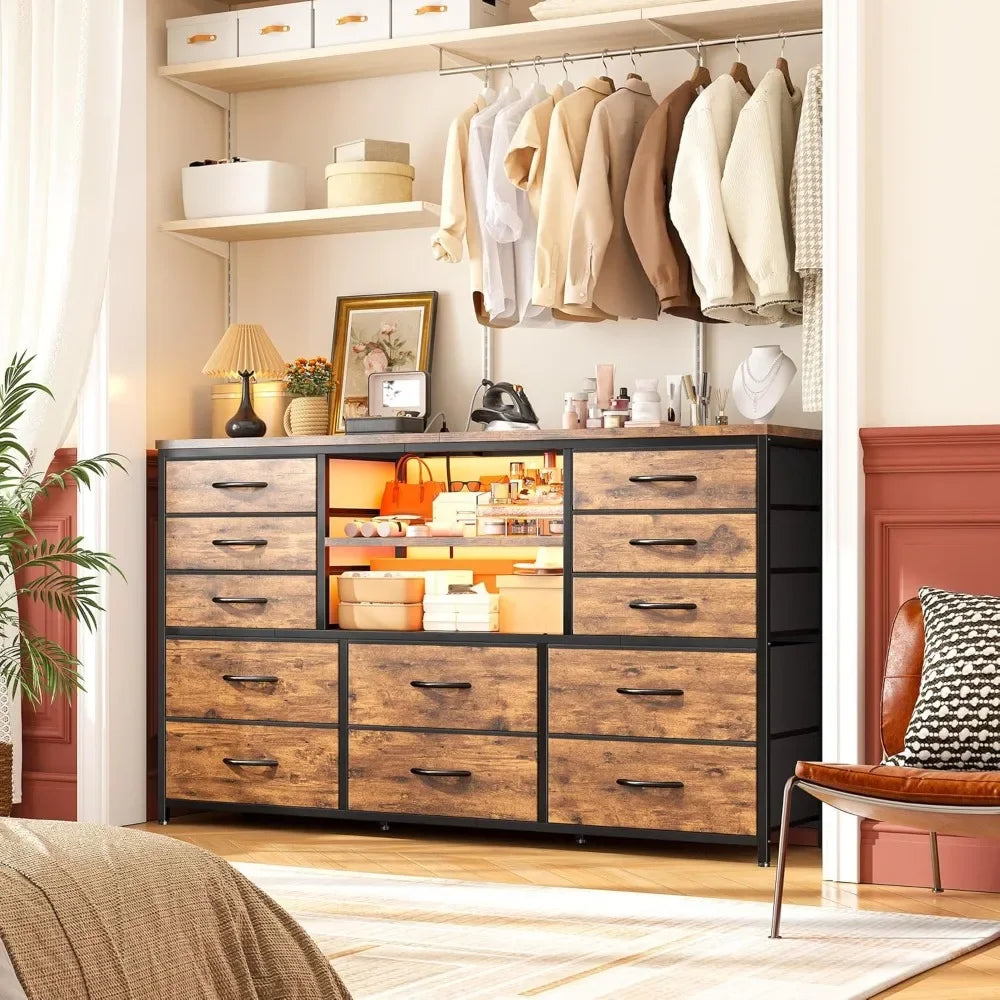 Dresser with LED Lights & Power Outlets, 12 Drawers Dresser TV Stand for 60''TV for Bedroom Dresser Fabric Dressers & Chest