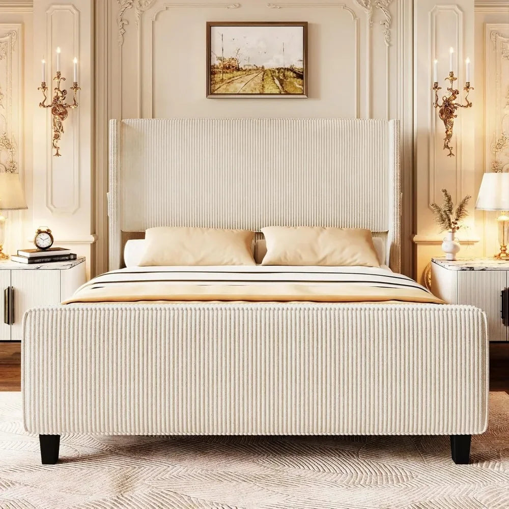King Size Upholstered Bed Frame with USB Charging Ports - Tall Wingback Headboard & Footboard, Easy Assembly Design