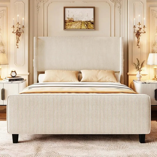 King Size Upholstered Bed Frame with USB Charging Ports - Tall Wingback Headboard & Footboard, Easy Assembly Design