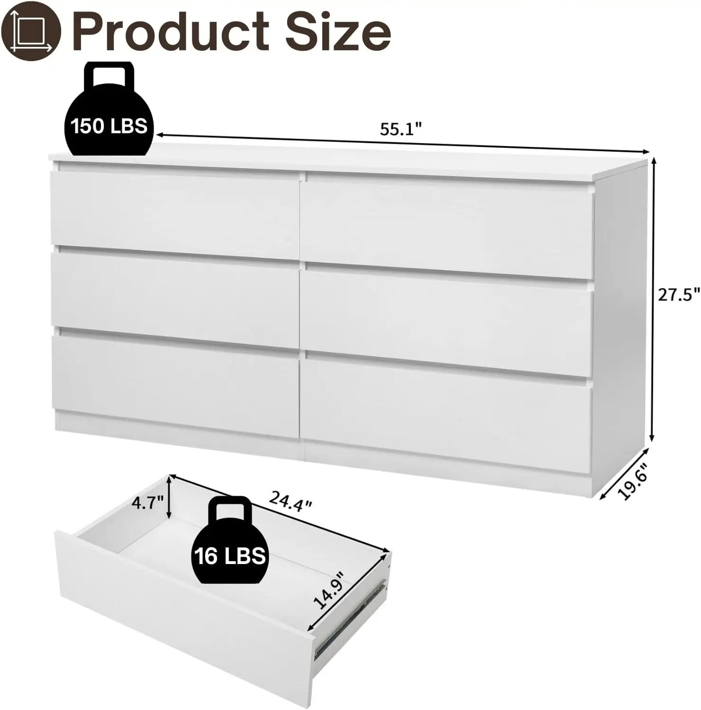 White 6 Drawer Dresser for Bedroom 55 Inch Long Wood Dresser with Large Storage Chest of Drawers