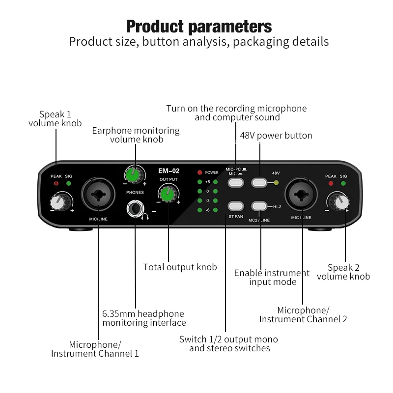 2-in/2-out 48V Phantom Power Mic Audio Interface, 32-bit/384kHz Audio Resolution, Mic Preamp, Low Noise & Distortion, for Electr