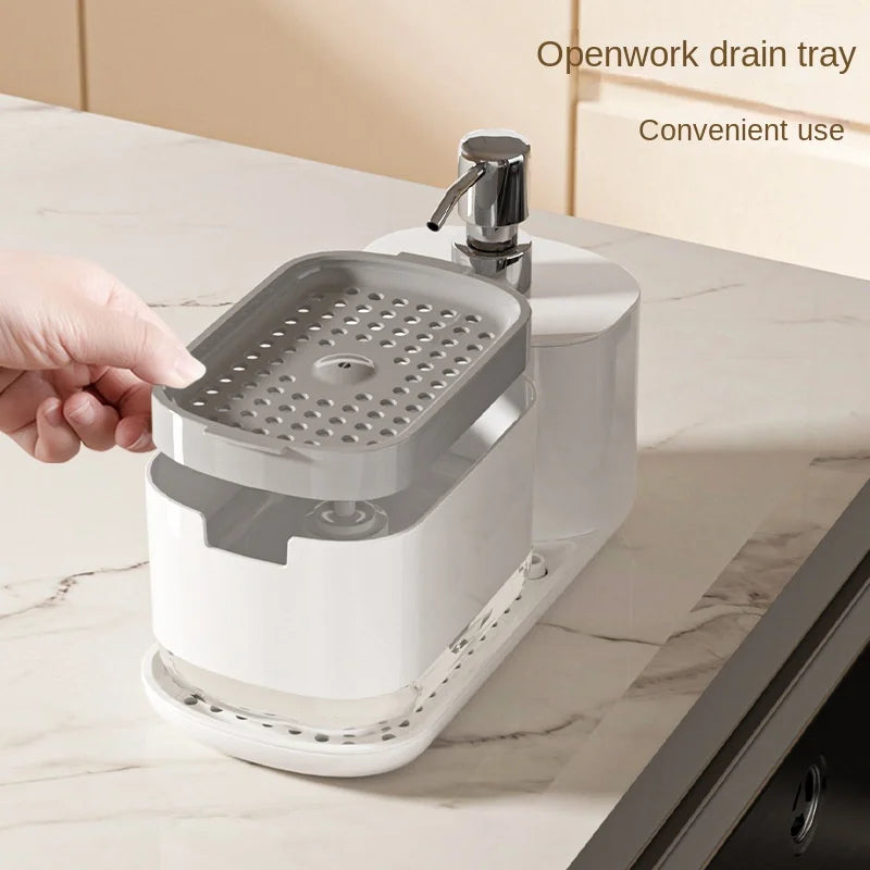 Kitchen countertop, detergent outlet box, sink, hand sanitizer outlet box, press soap dispenser, kitchen storage rack