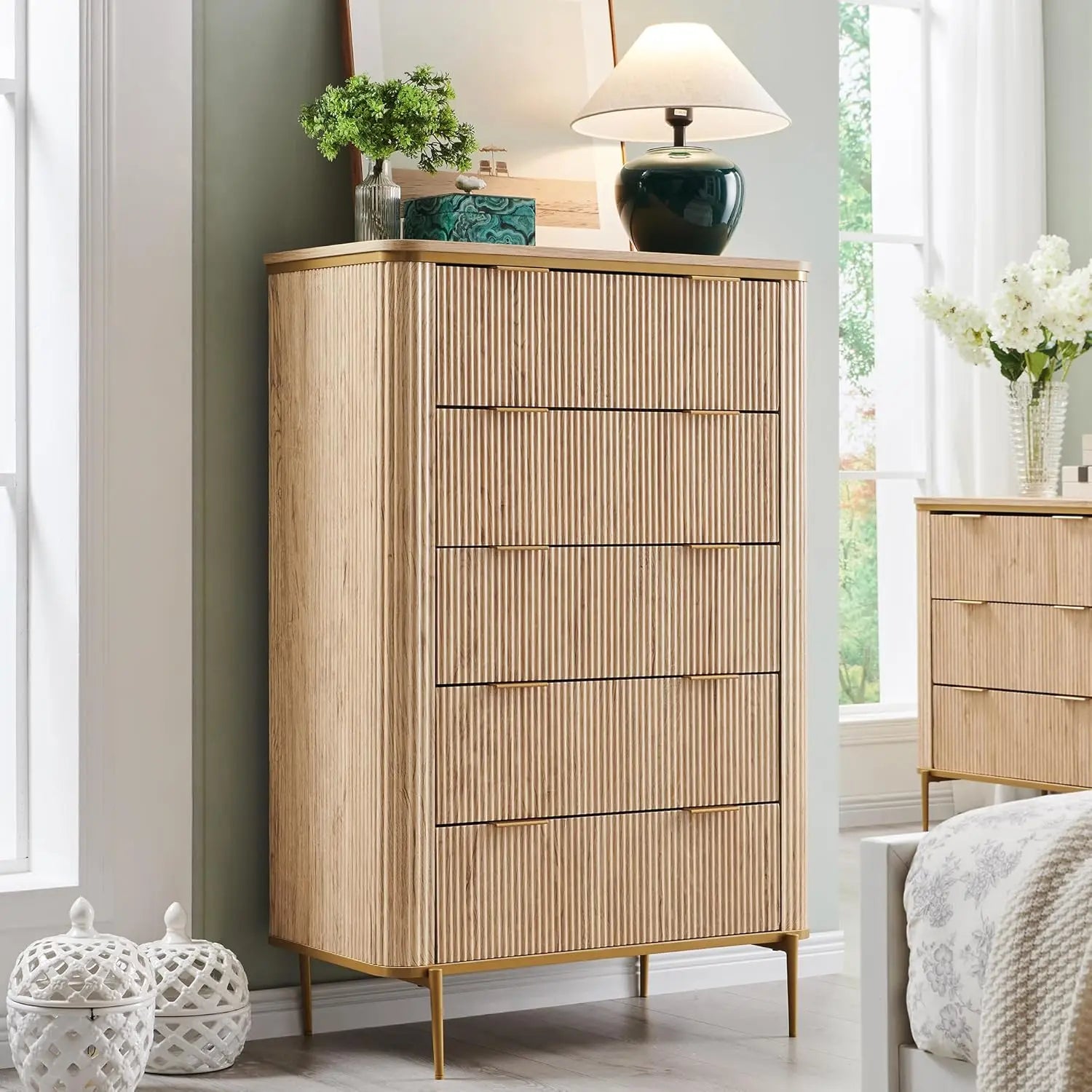Fluted 5 Drawers Dresser for Bedroom,48" Tall Modern Dresser Chest of Drawers, Gold Accents,Fluted Fronts,Wood Storage Dressers