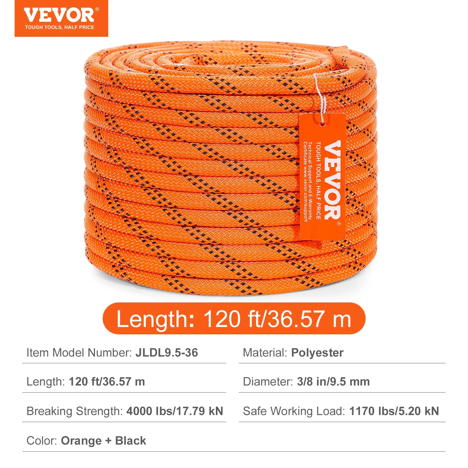 VEVOR 120ft Dual-Weave Polyester Cord 3/8 1/2 inch 48-Strand Multi-Use Rope for Arborist Activities Outdoor Adventures Versatile