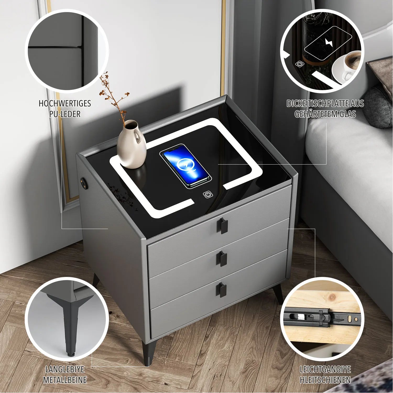 Smart Bedside Table White with Wireless Charging, Nightstand with LED Light, 3 Drawers Nightstand, Chest of Drawers for Living R