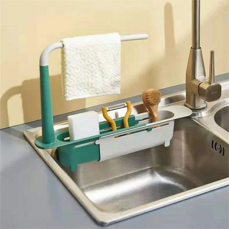 Kitchen Telescopic Sink Organizer Rack Telescopic Faucet Organizer for Soap Towel Sponge Storage Adjustable Shelf Storage Rack
