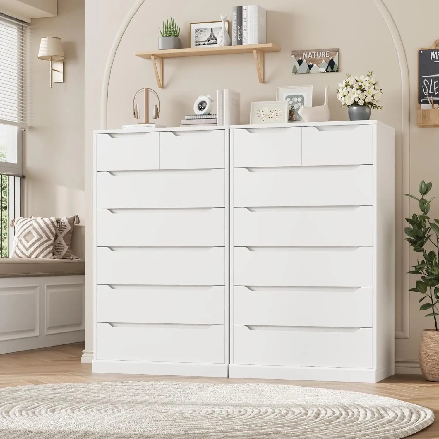 51" Tall 7 Drawers Dresser, Modern White Dresser, Wood Dressers & Chests of Drawers with Cut-Out Handles, Upright Drawer Chest