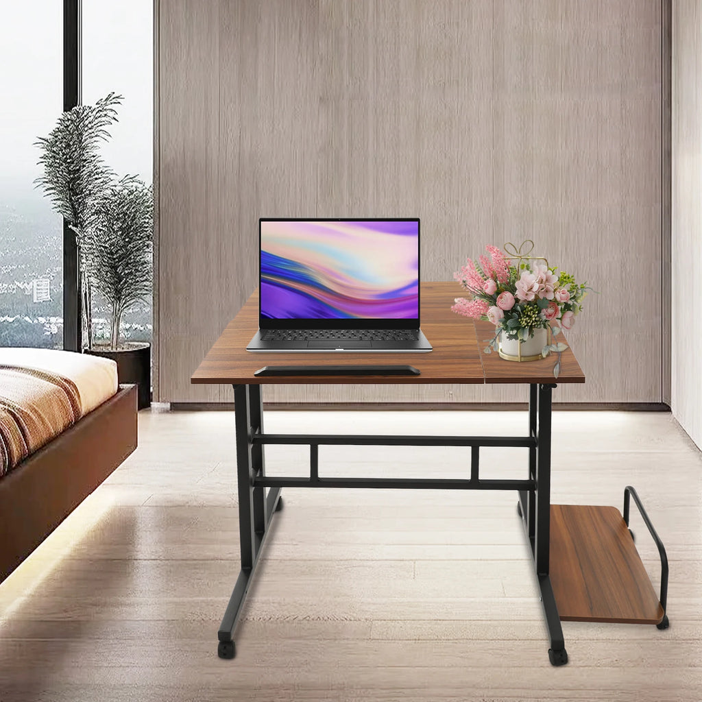 Height Adjustable 67-115CM Double Board Foldable Small Desk, Simple Office Multifunctional Computer Desk, Walnut Color