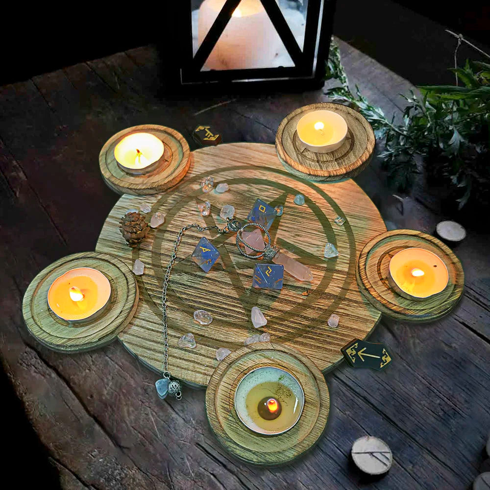 2 In 1 Pentagram Witches Wooden Candle Holder Altar Astrology Massage Candle Stand Divination Meditation for Wicca Ceremony